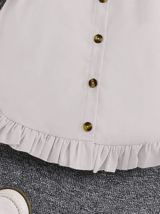 Grey Sleeveless Button-Front Dress With Brown Belt And Ruffle Hem For Girls