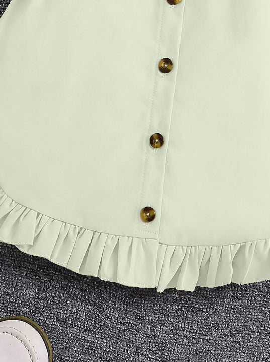 Pista Sleeveless Button-Front Dress With Brown Belt And Ruffle Hem For Girls