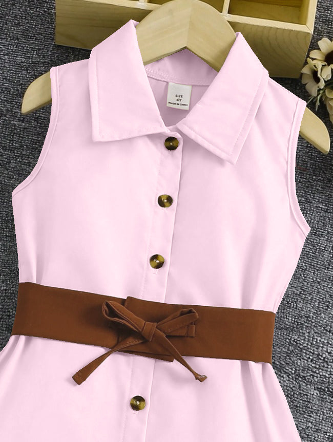 Pink Sleeveless Button-Front Dress With Brown Belt And Ruffle Hem For Girls