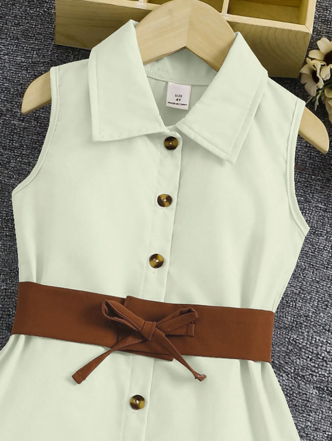 Pista Sleeveless Button-Front Dress With Brown Belt And Ruffle Hem For Girls