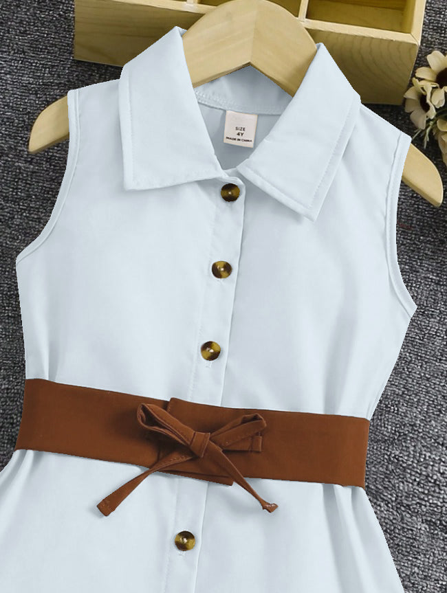 Light Blue Sleeveless Button-Front Dress With Brown Belt And Ruffle Hem For Girls