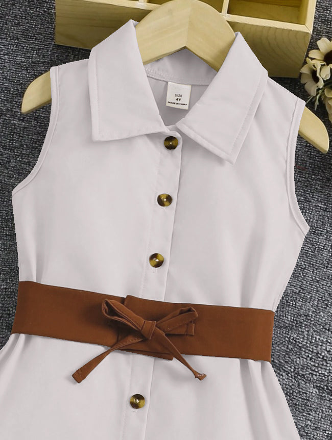 Grey Sleeveless Button-Front Dress With Brown Belt And Ruffle Hem For Girls
