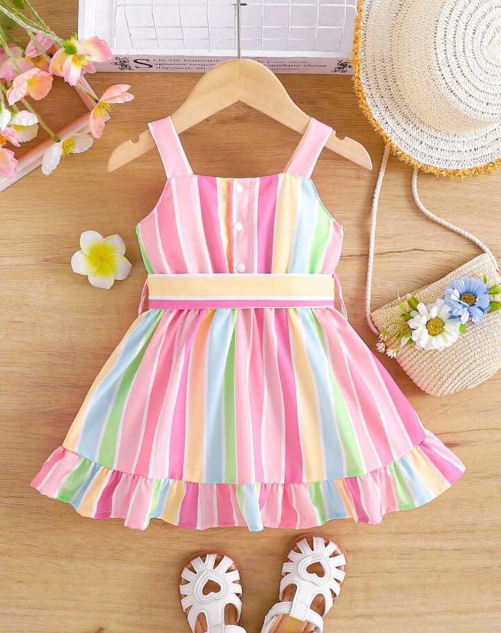 White Baby Girl Strap Sleeve Bow Tie strip Print Casual Dress