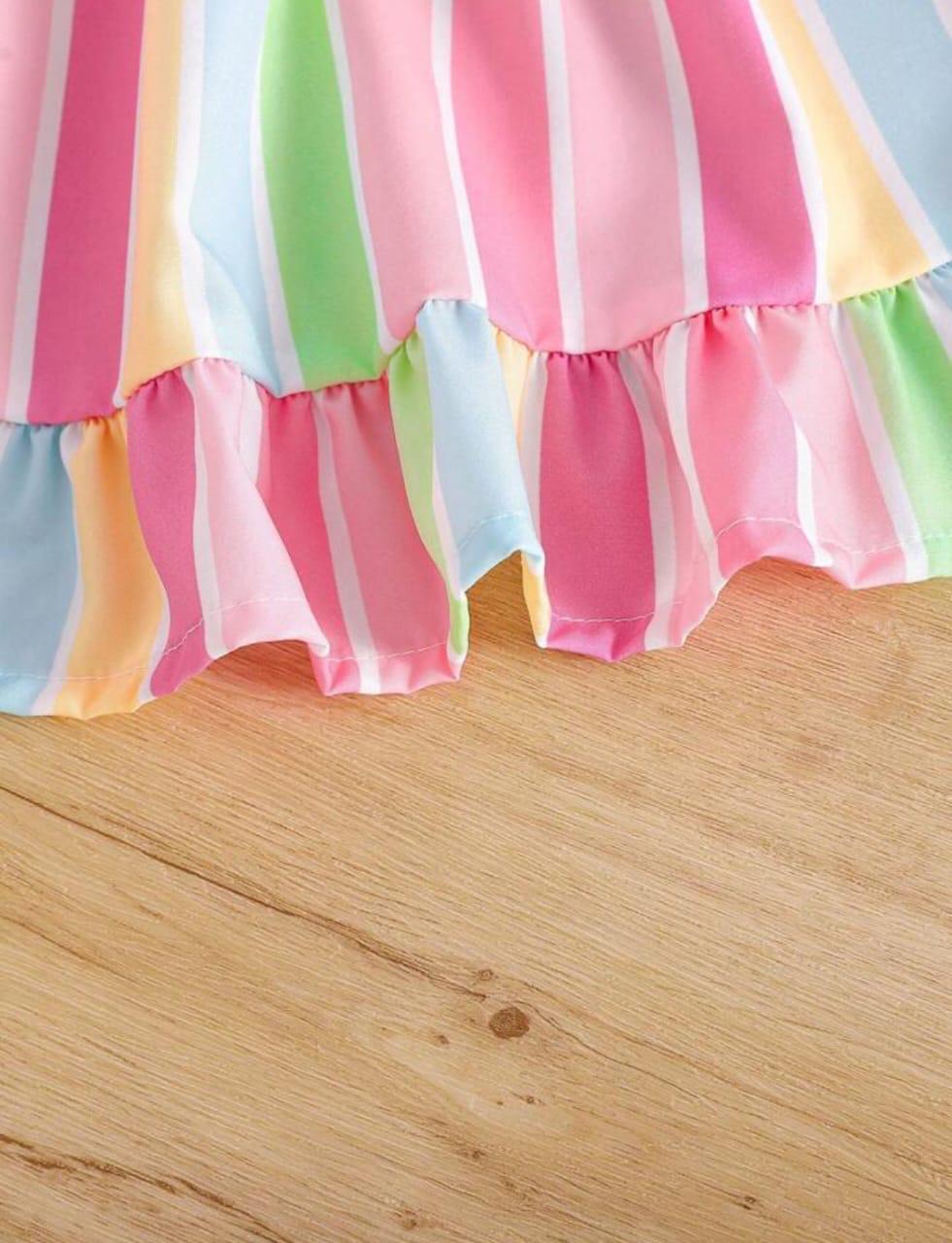 White Baby Girl Strap Sleeve Bow Tie strip Print Casual Dress
