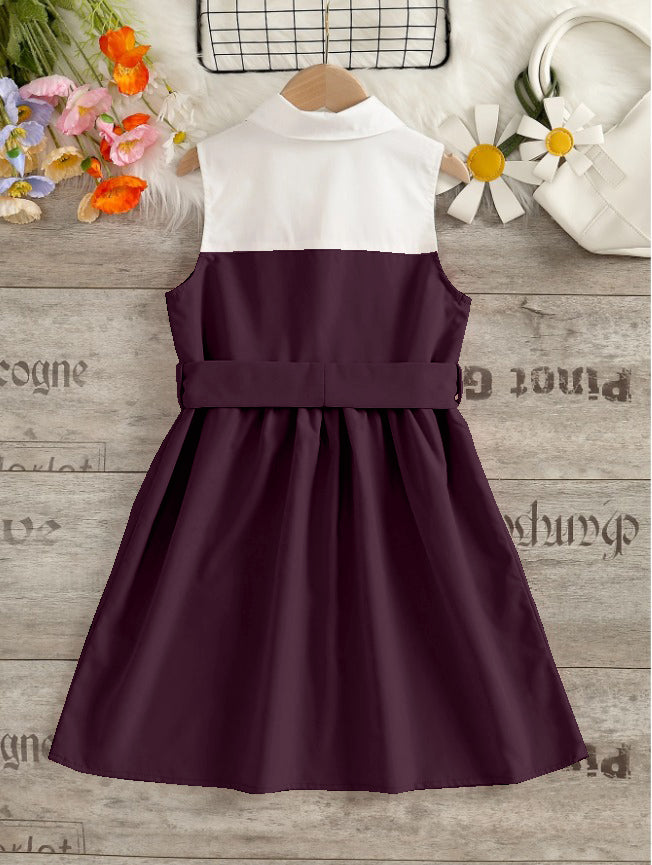 Wine And White Sleeveless Shirt Dress With Bow Belt For Girls