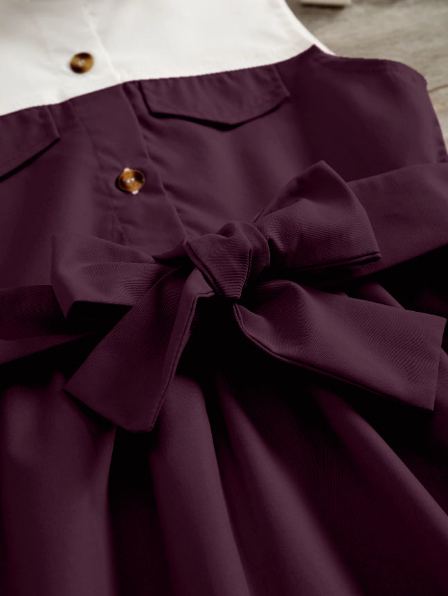Wine And White Sleeveless Shirt Dress With Bow Belt For Girls