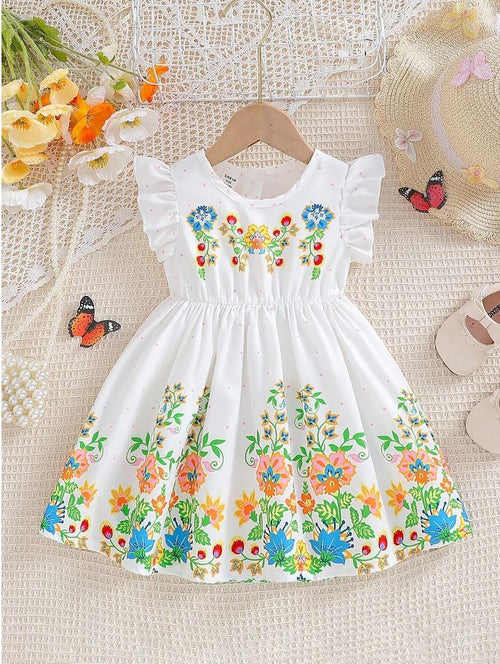White Baby Girl Ruffled Sleeve Bow Tie Floral Print Casual Dress,