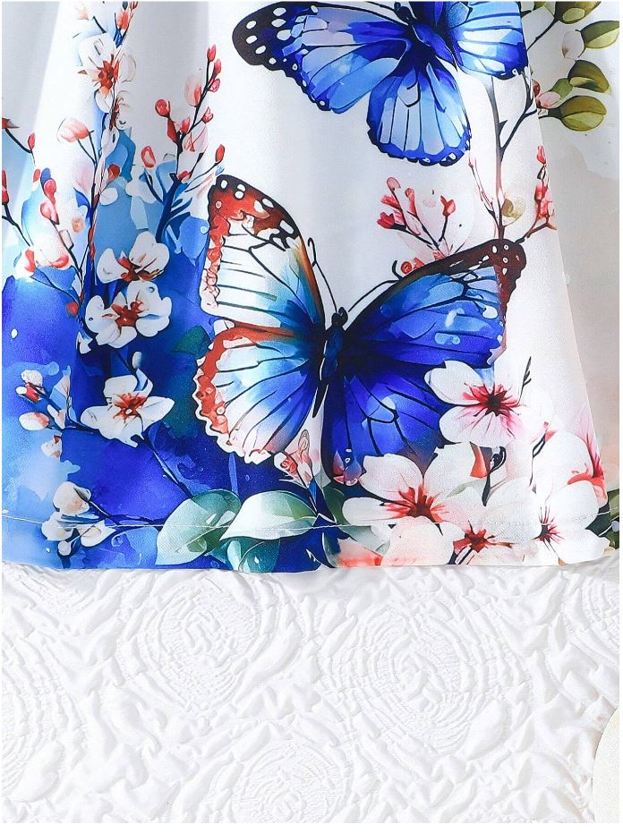 Navy Blue Baby Girl Ruffled Sleeve Bow Tie Floral Print Casual Dress,