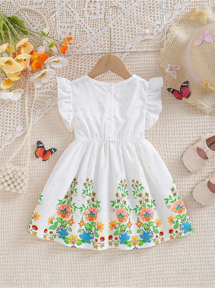 White Baby Girl Ruffled Sleeve Bow Tie Floral Print Casual Dress,
