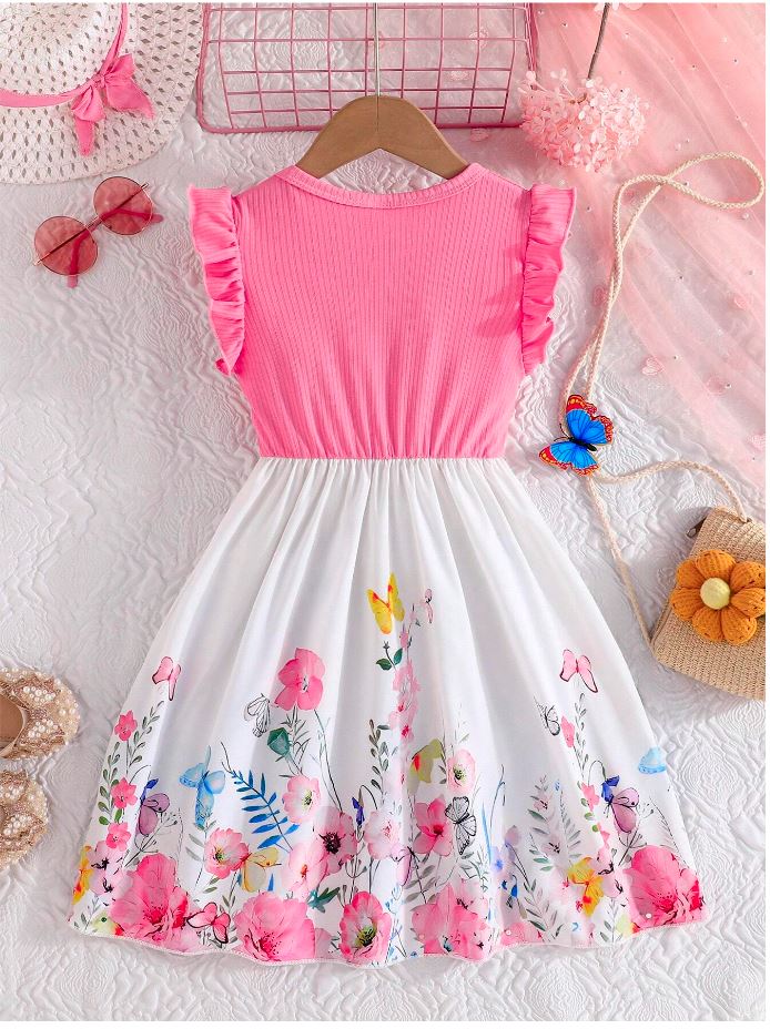 Pink Baby Girl Ruffled Sleeve Floral Print Casual Dress,