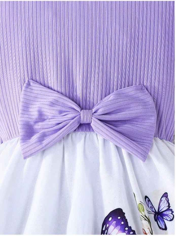 Lavender Baby Girl Ruffled Sleeve Bow Tie Floral Print Casual Dress,