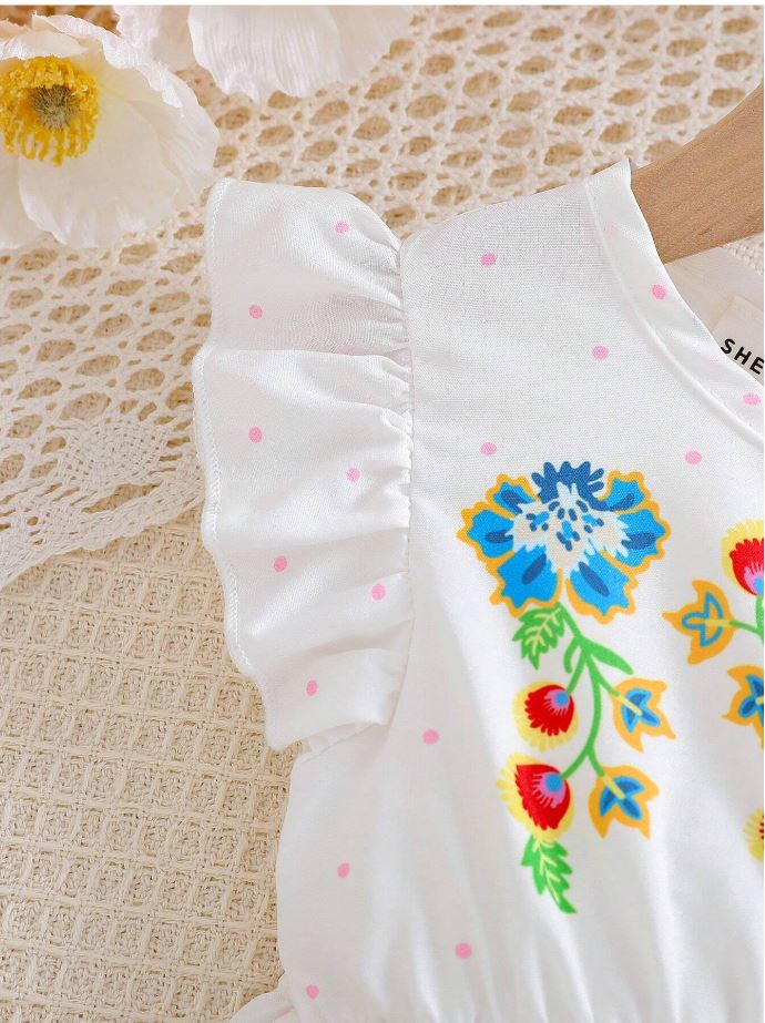 White Baby Girl Ruffled Sleeve Bow Tie Floral Print Casual Dress,