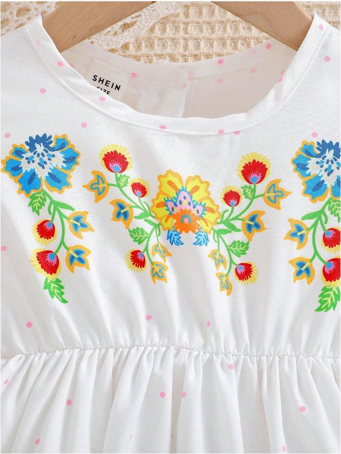 White Baby Girl Ruffled Sleeve Bow Tie Floral Print Casual Dress,