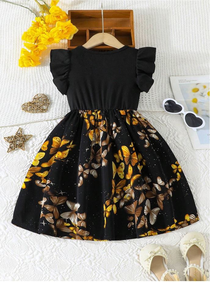 Black Baby Girl Ruffled Sleeve Bow Tie Floral Print Casual Dress,