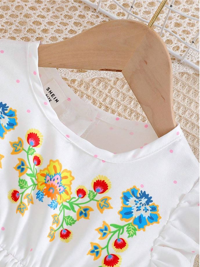 White Baby Girl Ruffled Sleeve Bow Tie Floral Print Casual Dress,