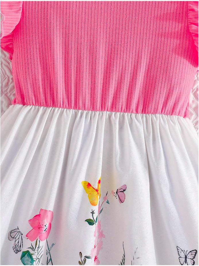 Pink Baby Girl Ruffled Sleeve Floral Print Casual Dress,