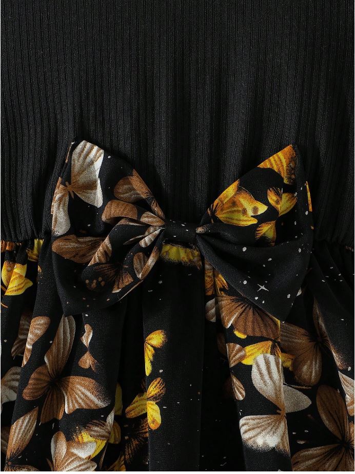 Black Baby Girl Ruffled Sleeve Bow Tie Floral Print Casual Dress,
