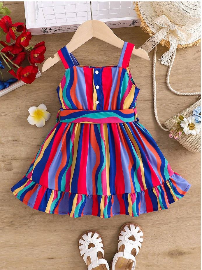 Rainbow Baby Girl Strap Sleeve Bow Tie Floral Print Casual Dress