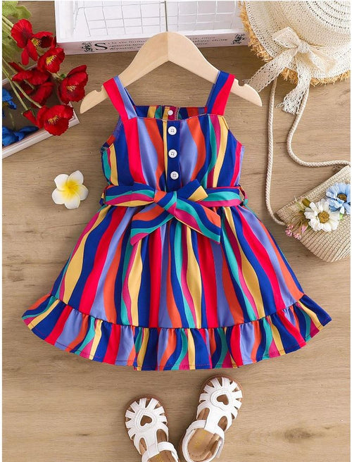 Rainbow Baby Girl Strap Sleeve Bow Tie Floral Print Casual Dress