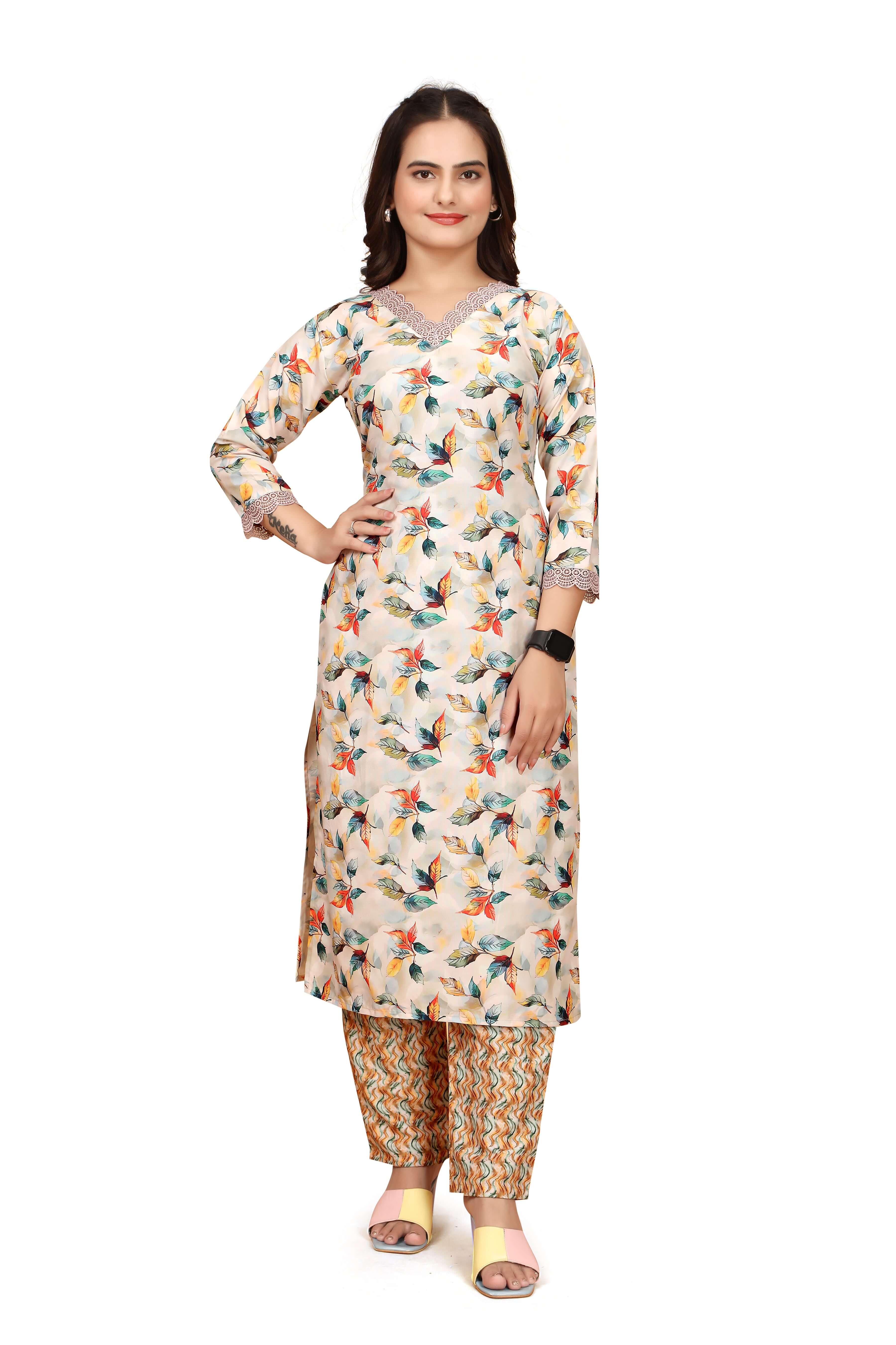 Women Casual Wear Flower Printed WHITE Straight Fit Kurti