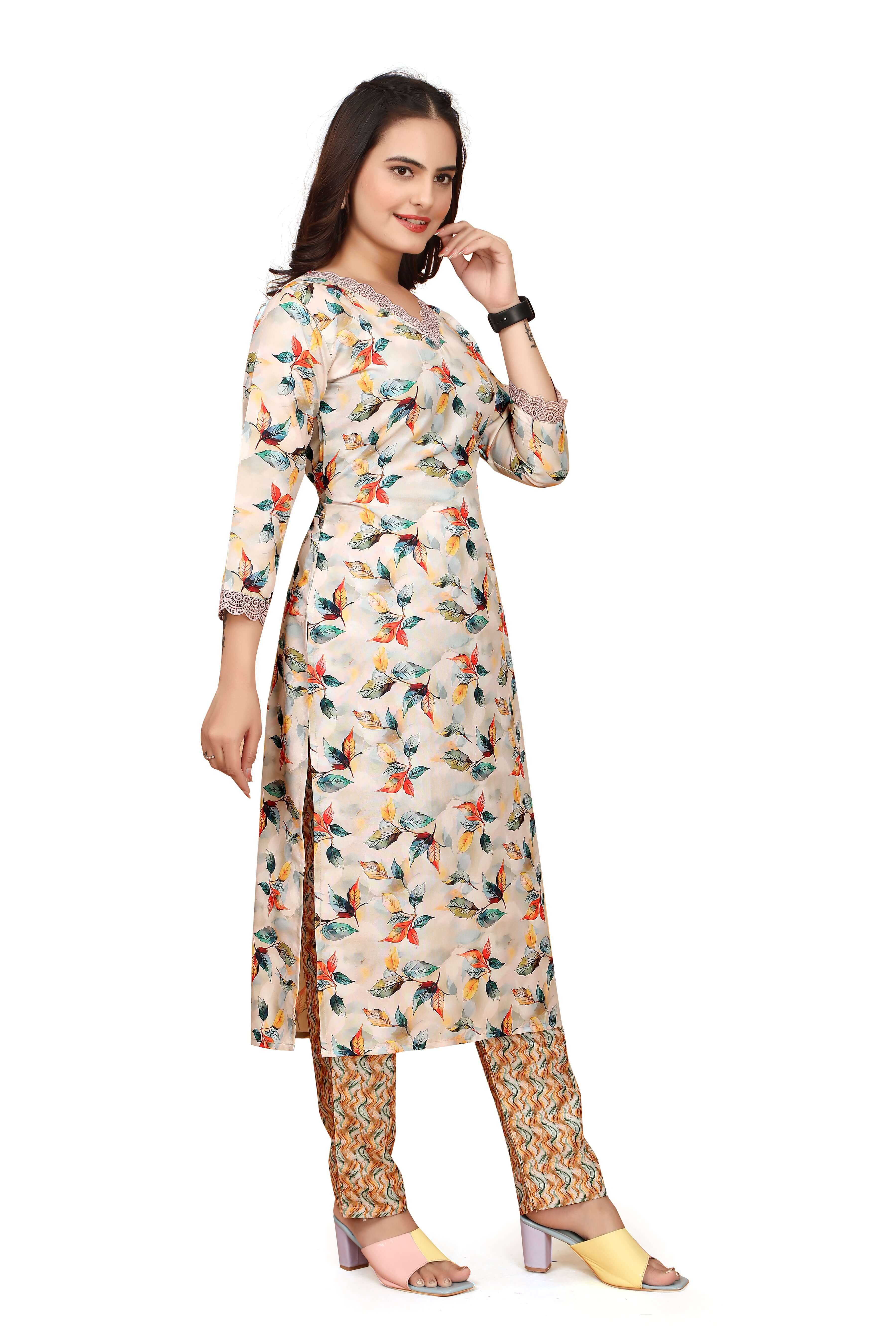 Women Casual Wear Flower Printed WHITE Straight Fit Kurti