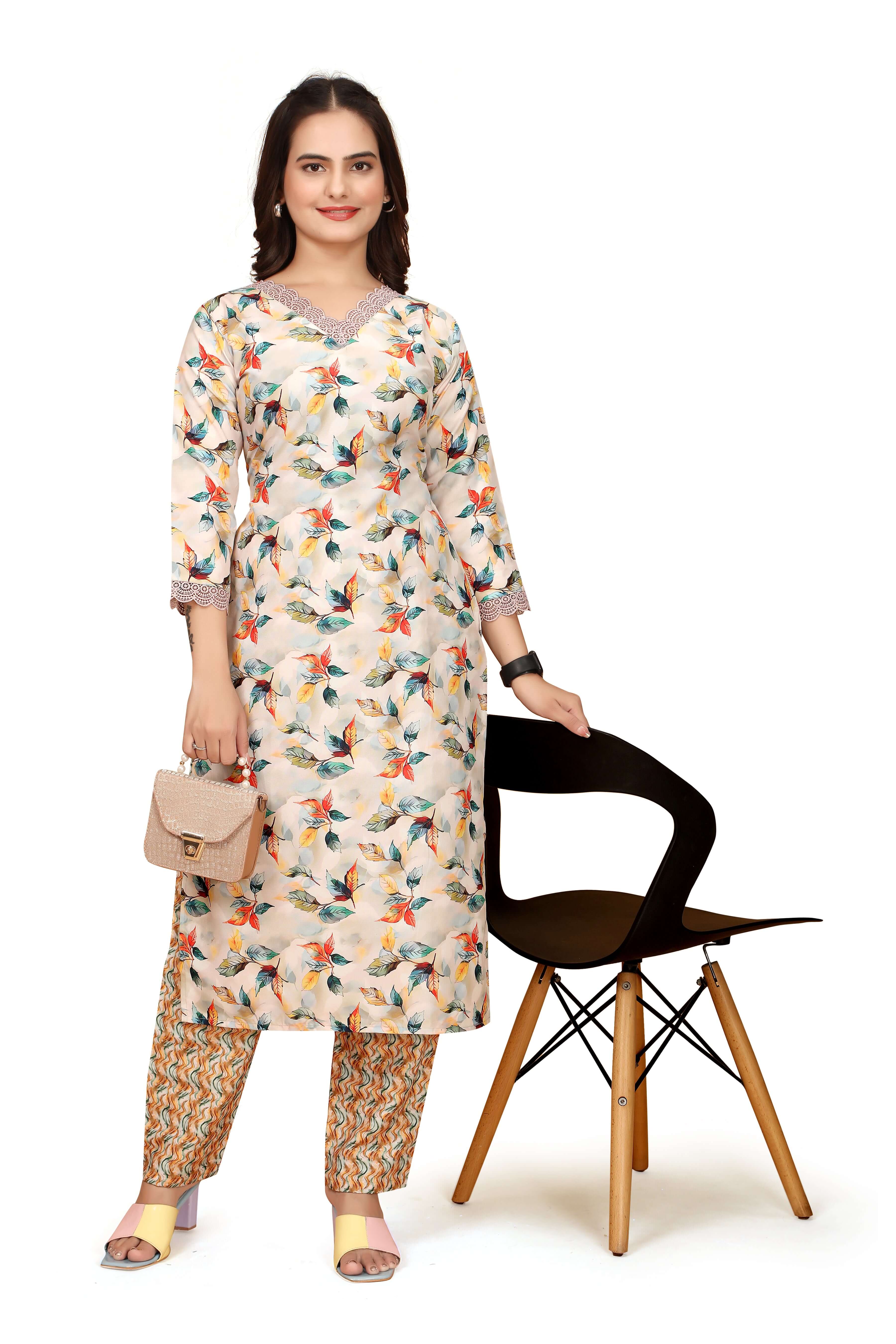 Women Casual Wear Flower Printed WHITE Straight Fit Kurti