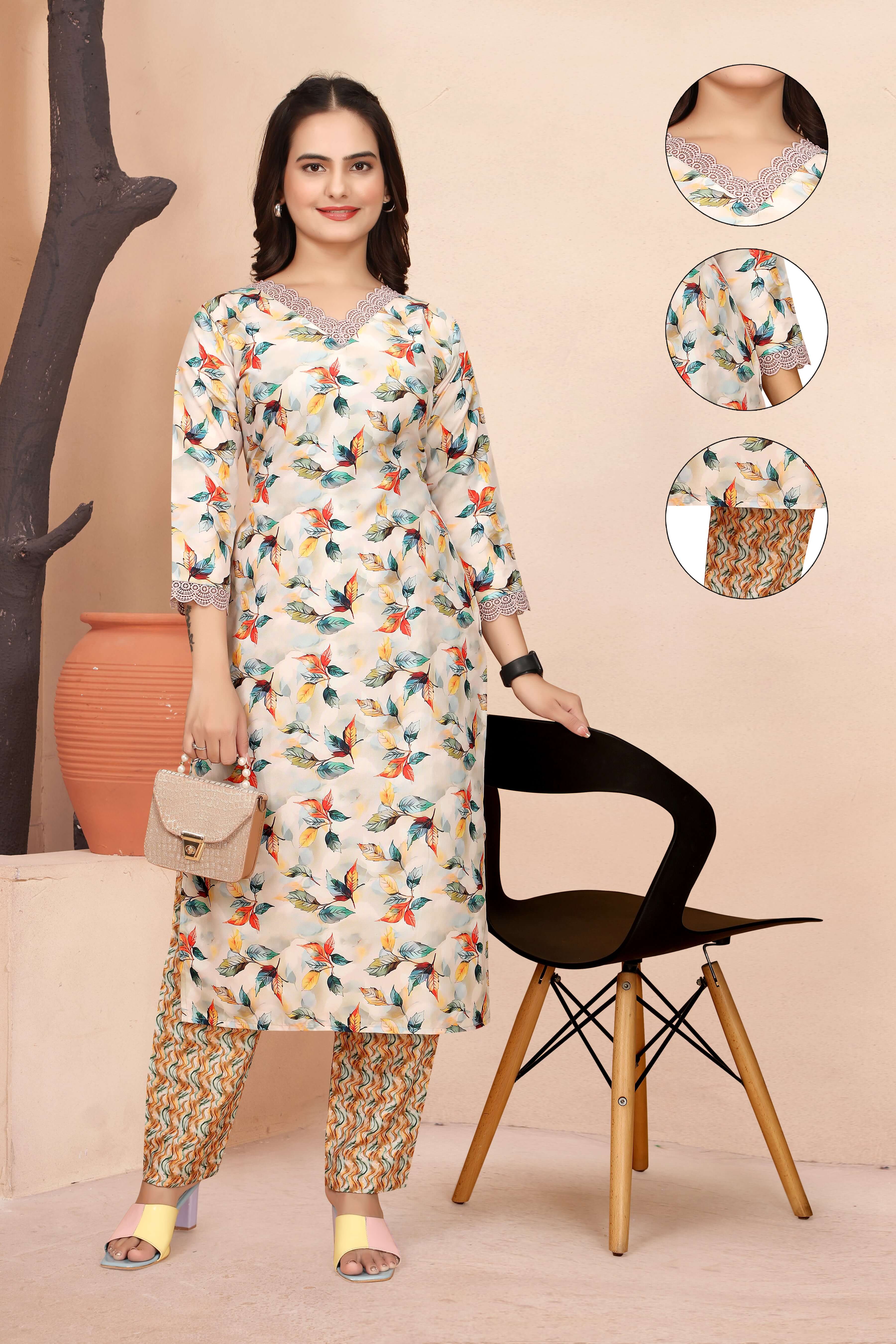 Women Casual Wear Flower Printed WHITE Straight Fit Kurti