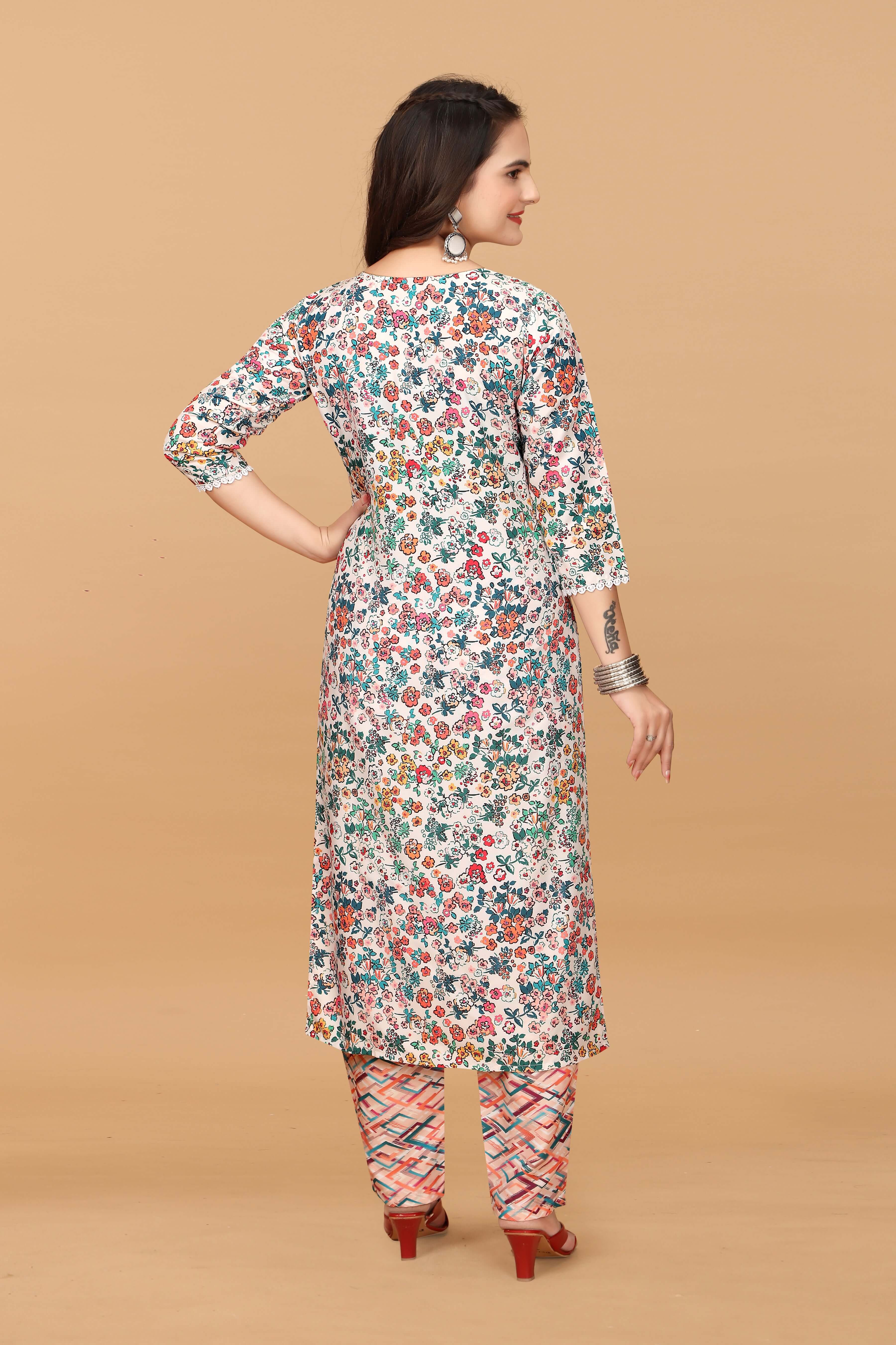 MULTICOLORED FLORAL PRINTED STRAIGHT KURTI PENT