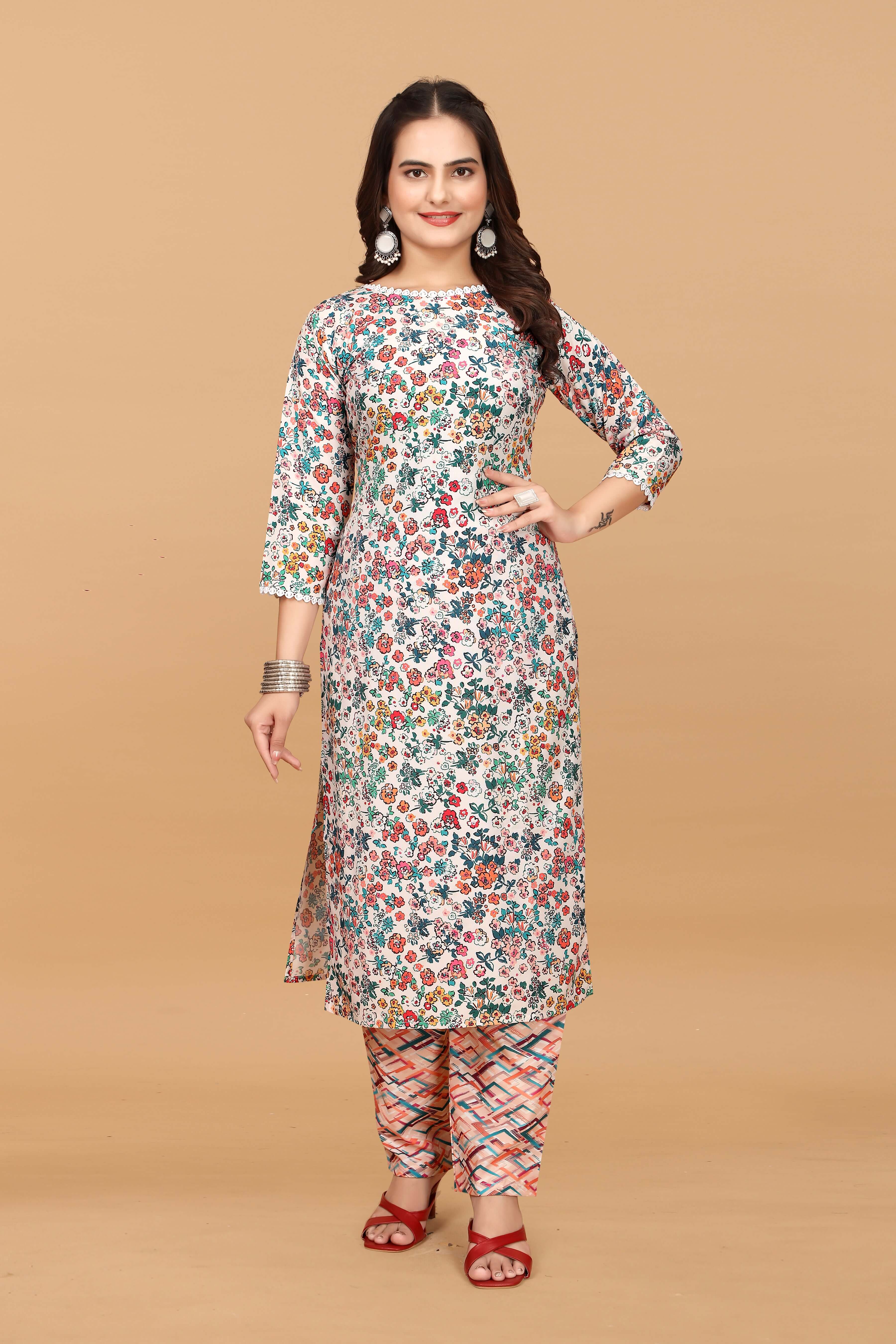 MULTICOLORED FLORAL PRINTED STRAIGHT KURTI PENT