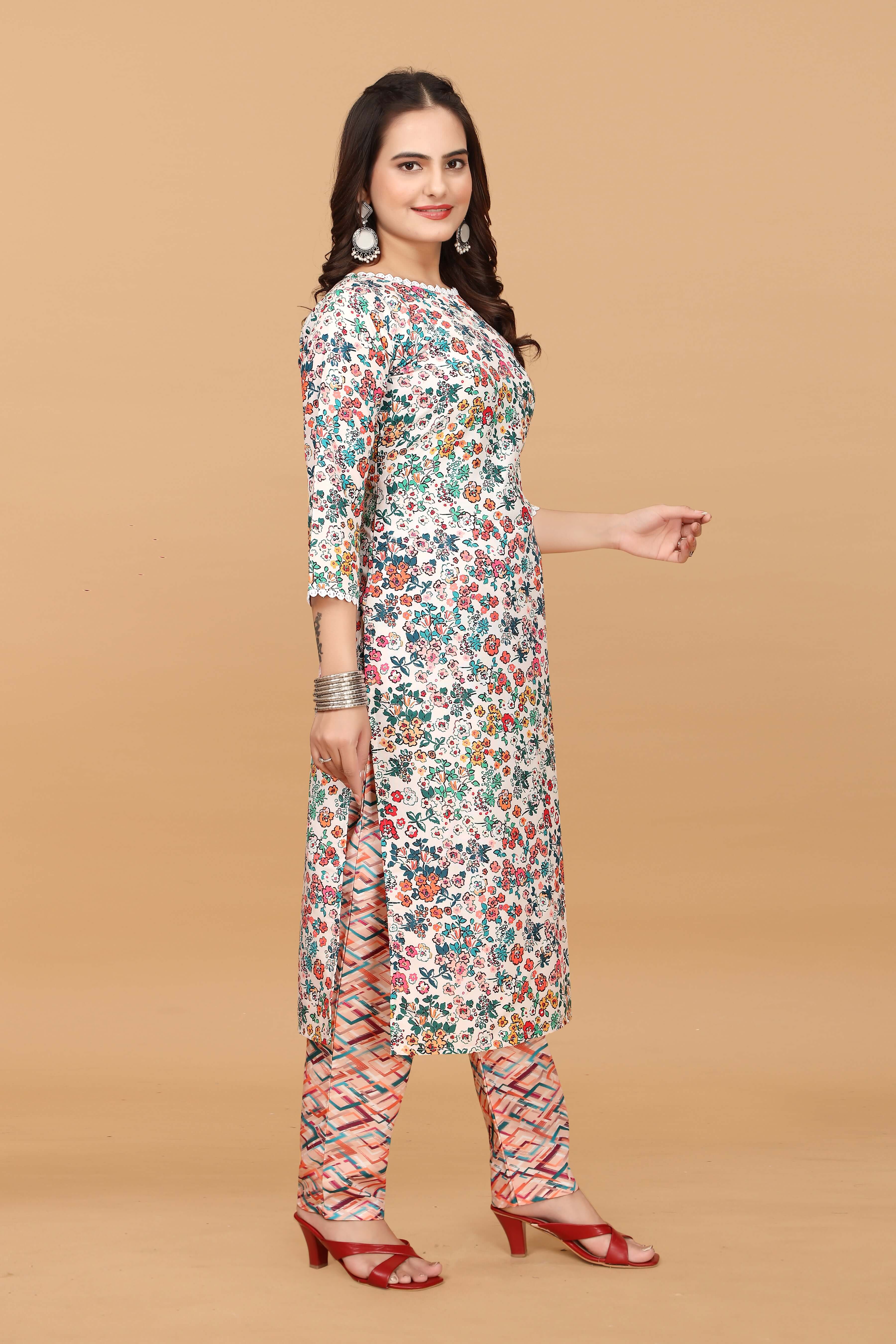 MULTICOLORED FLORAL PRINTED STRAIGHT KURTI PENT