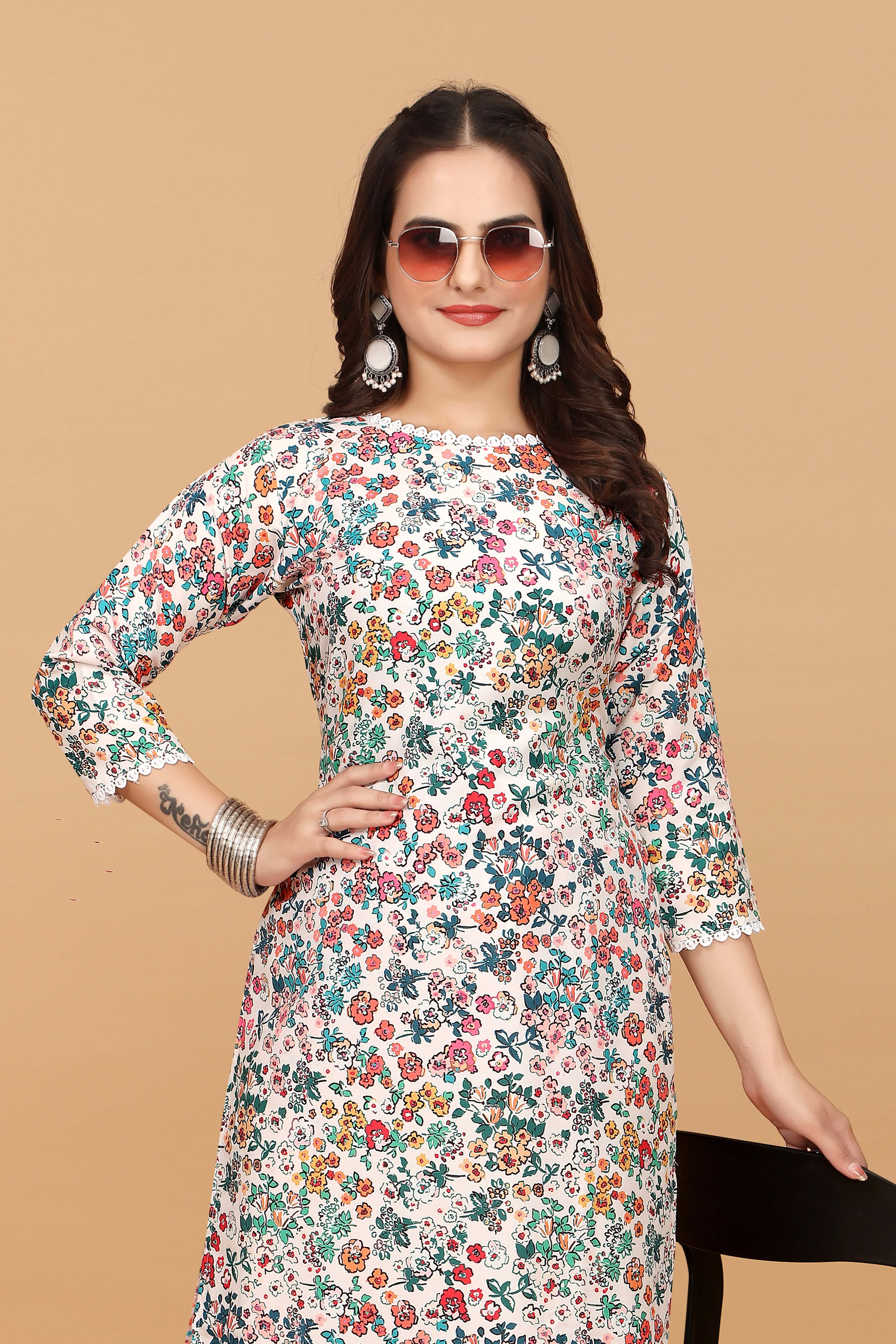 MULTICOLORED FLORAL PRINTED STRAIGHT KURTI PENT