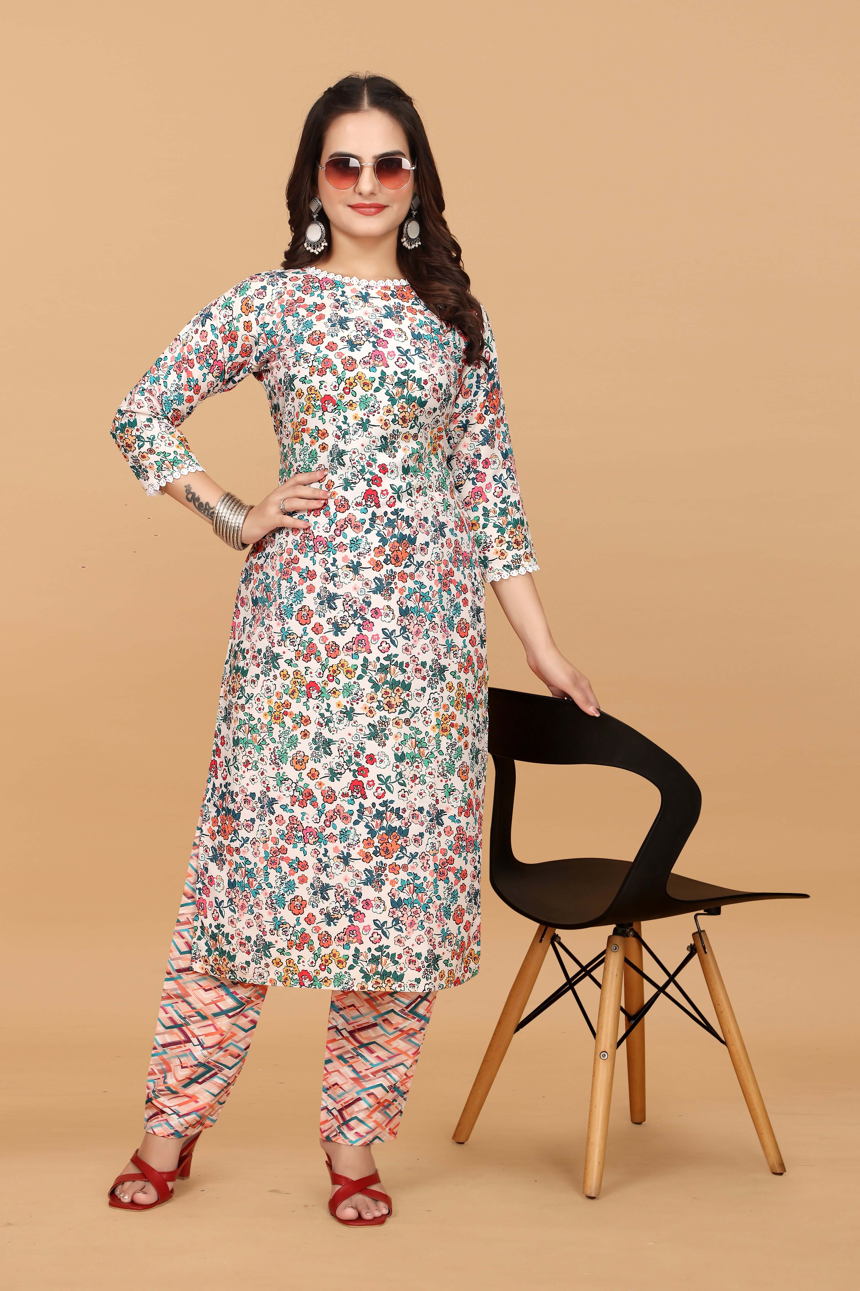 MULTICOLORED FLORAL PRINTED STRAIGHT KURTI PENT