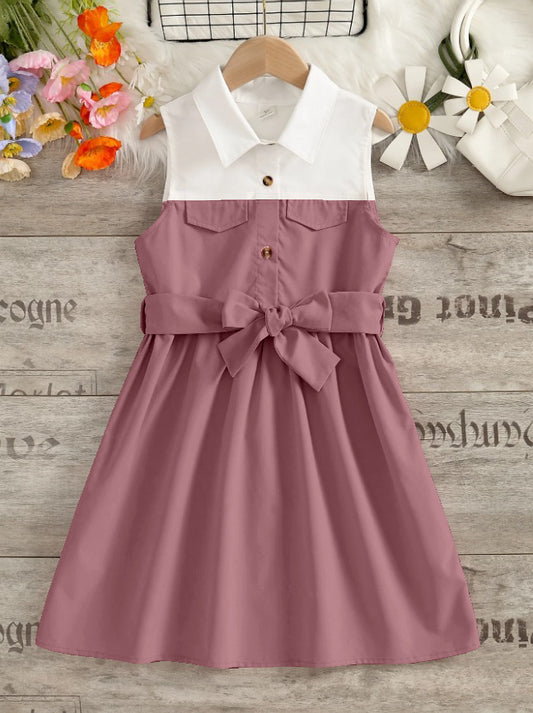 Dusty Pink' Sleeveless and White Shirt Dress with Bow Belt