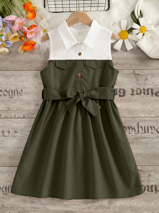 Green' Sleeveless ARMY and White Shirt Dress with Bow Belt For GIirls