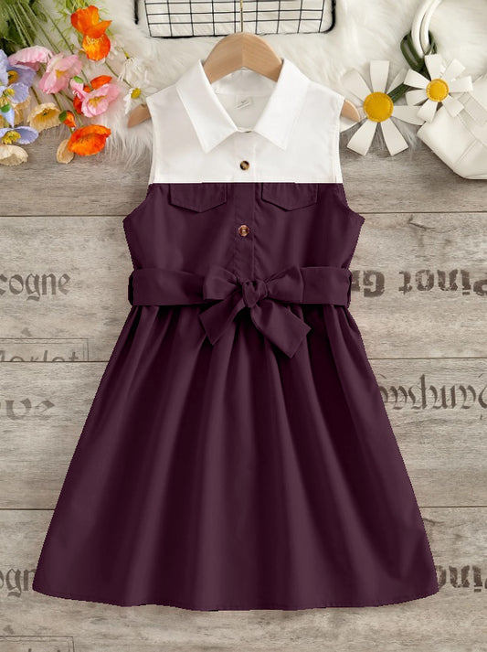 Wine And White Sleeveless Shirt Dress With Bow Belt For Girls