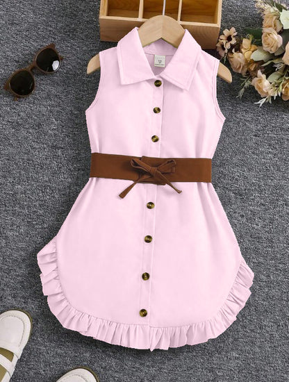 Pink Sleeveless Button-Front Dress With Brown Belt And Ruffle Hem For Girls