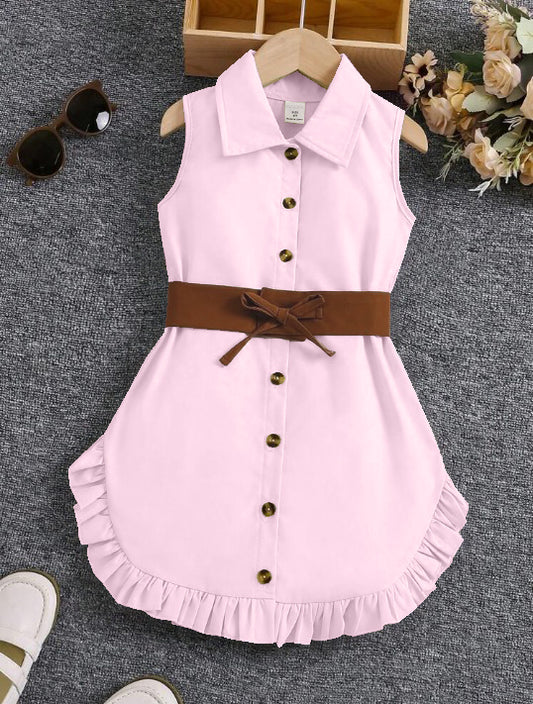Pink Sleeveless Button-Front Dress With Brown Belt And Ruffle Hem For Girls