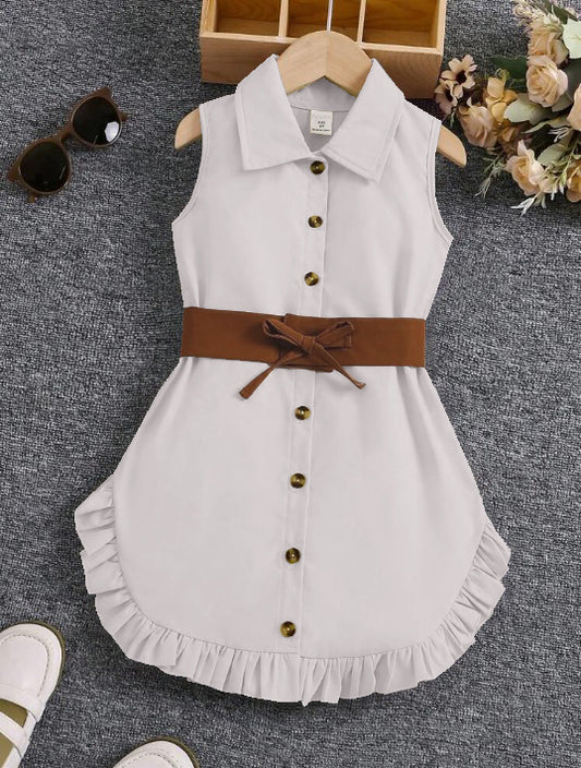 Grey Sleeveless Button-Front Dress With Brown Belt And Ruffle Hem For Girls