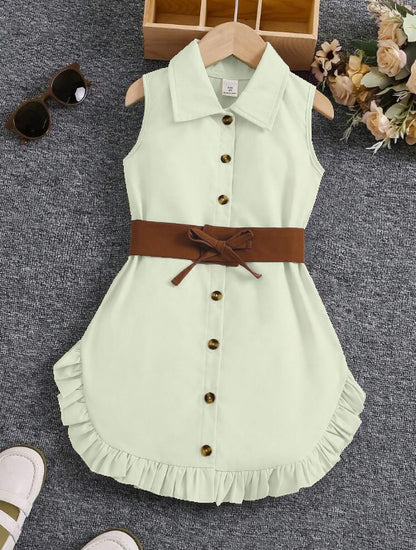 Pista Sleeveless Button-Front Dress With Brown Belt And Ruffle Hem For Girls
