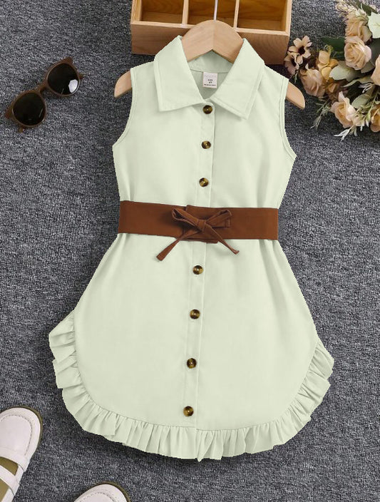 Pista Sleeveless Button-Front Dress With Brown Belt And Ruffle Hem For Girls
