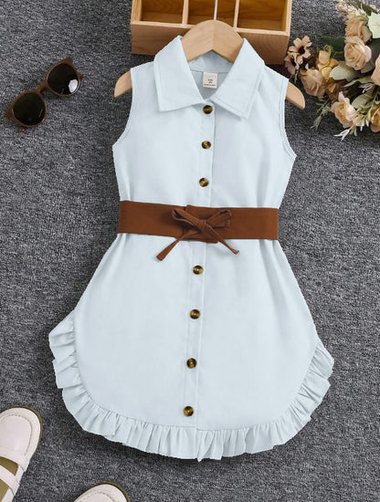 Light Blue  Sleeveless Button-Front Dress With Brown Belt And Ruffle Hem For Girls