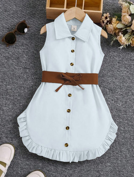 Light Blue  Sleeveless Button-Front Dress With Brown Belt And Ruffle Hem For Girls