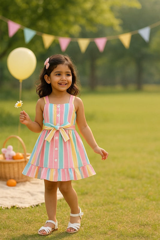 White Baby Girl Strap Sleeve Bow Tie strip Print Casual Dress