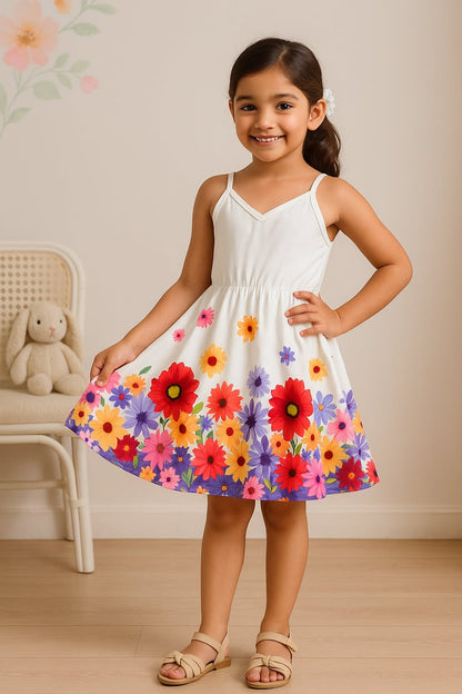 White Floral Printed New Trendy Kids Frock