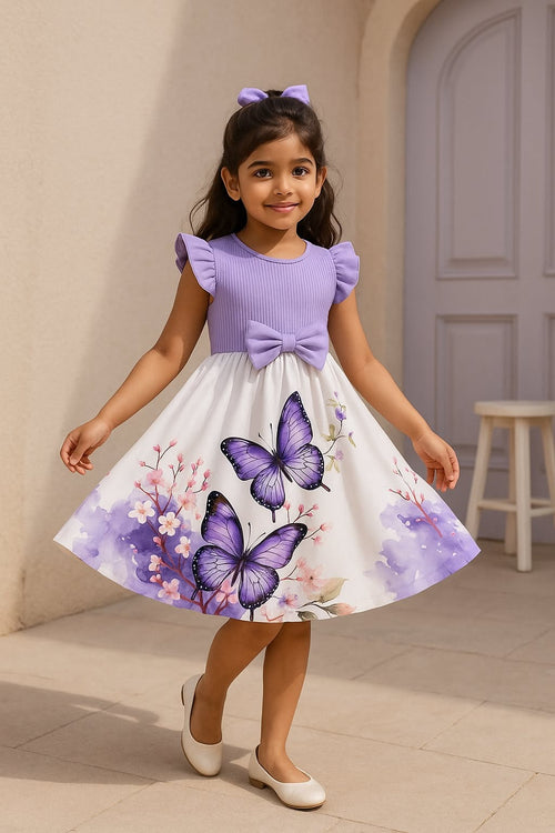 Lavender Baby Girl Ruffled Sleeve Bow Tie Floral Print Casual Dress,