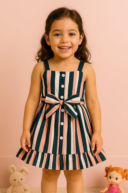 Pink and Black Baby Girl Strap Sleeve Bow Tie Strip Print Casual Dress