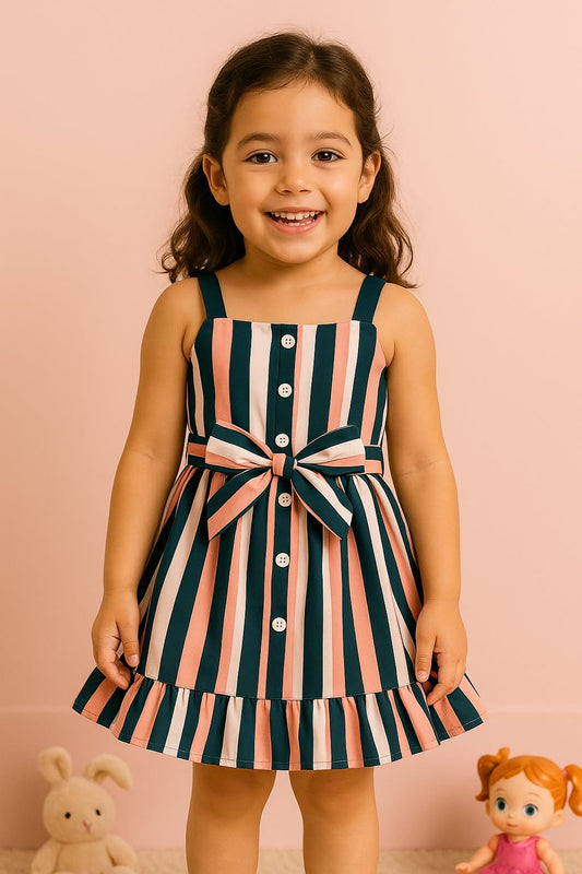 Pink and Black Baby Girl Strap Sleeve Bow Tie Strip Print Casual Dress