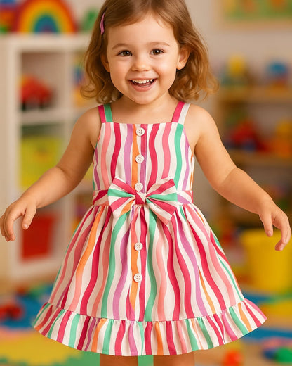 Red  White Baby Girl Strap Sleeve Bow Tie Strip Print Casual Dress