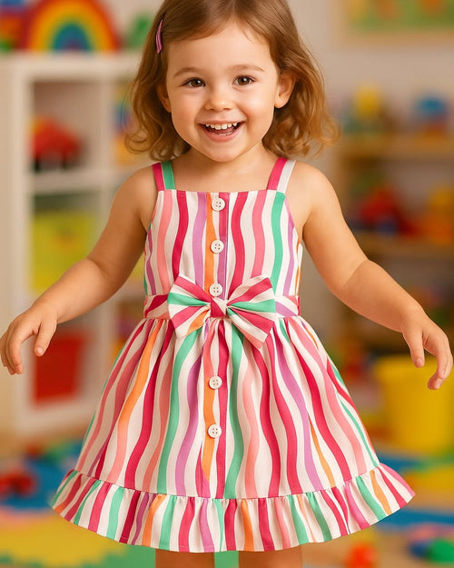 Red  White Baby Girl Strap Sleeve Bow Tie Strip Print Casual Dress