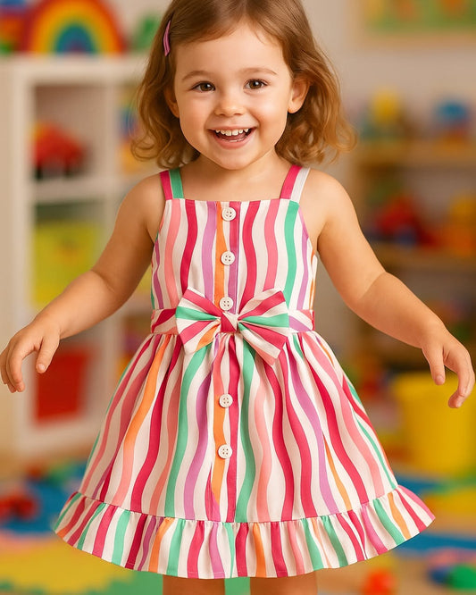 Red  White Baby Girl Strap Sleeve Bow Tie Strip Print Casual Dress